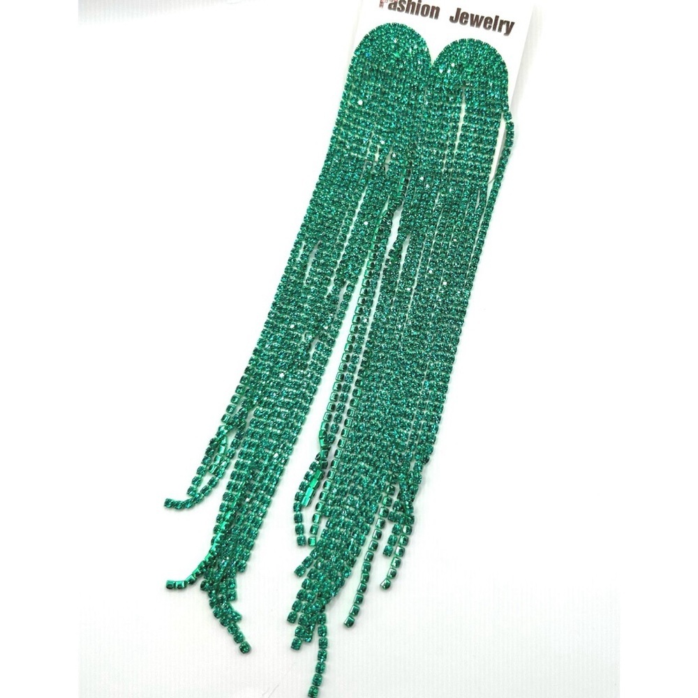 Green Rhinestone Long Tassel Earrings, NEW - Picture 3 of 3